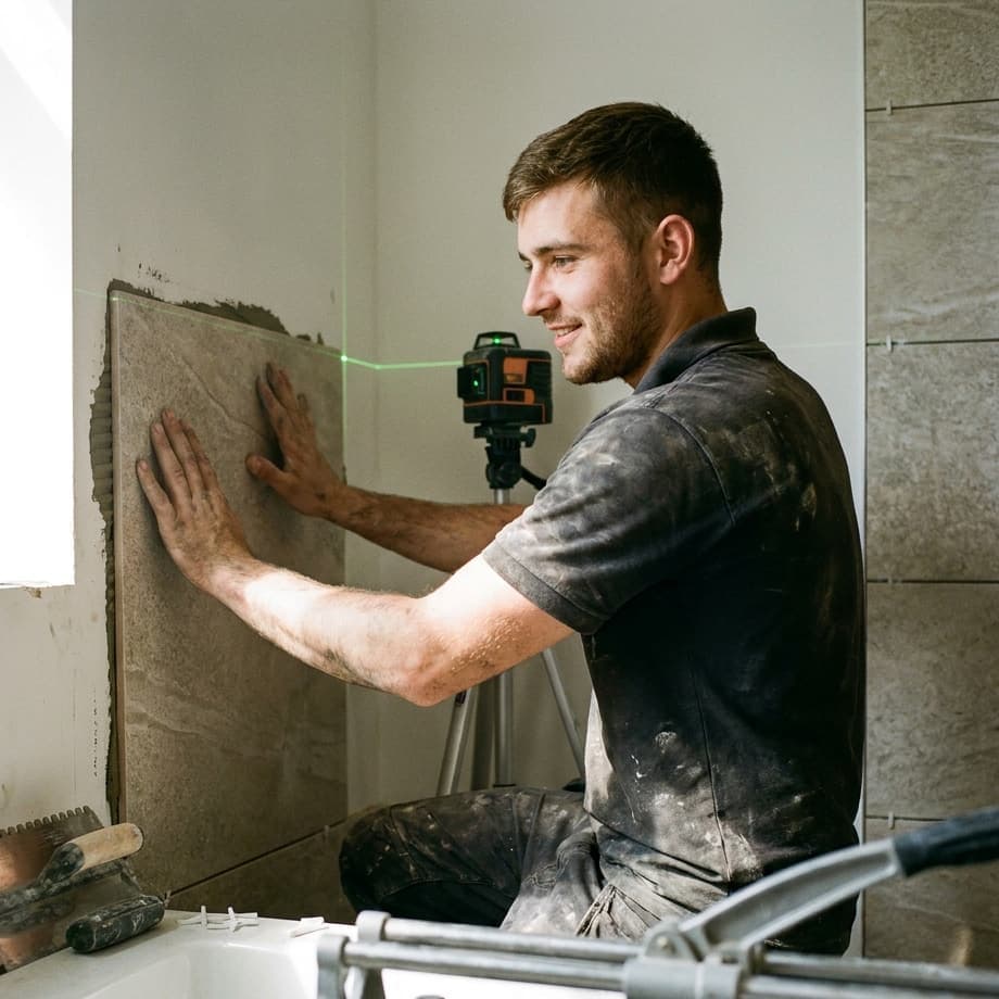 Handwerker setzt eine Großformatfliese in einer Badsanierung