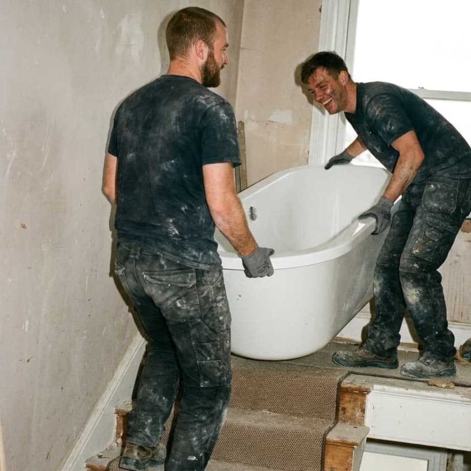 Zwei Handwerker tragen eine freistehende Badewanne